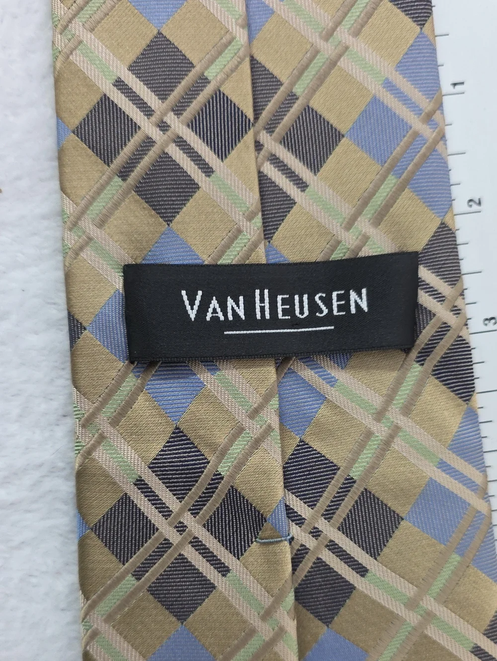 Van Heusen Silk Tie Tan Blue Windowpane Check Pattern